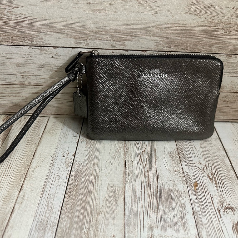 Coach Metallic silver corner zip wristlet